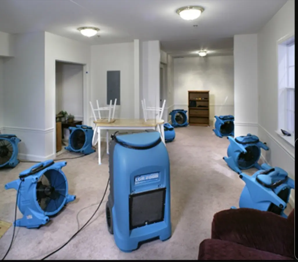 Air movers and dehumidifier setup for Water Damage Restoration in East Hills